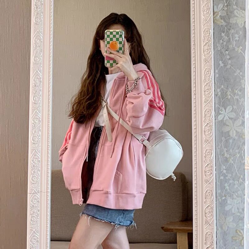 加绒连帽拉链粉色外套女春秋冬2026新款小个子韩系慵懒风卫衣