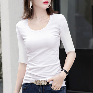 清仓中袖T恤女白色圆领五分袖女上衣七分袖2026新款打底衫女内搭