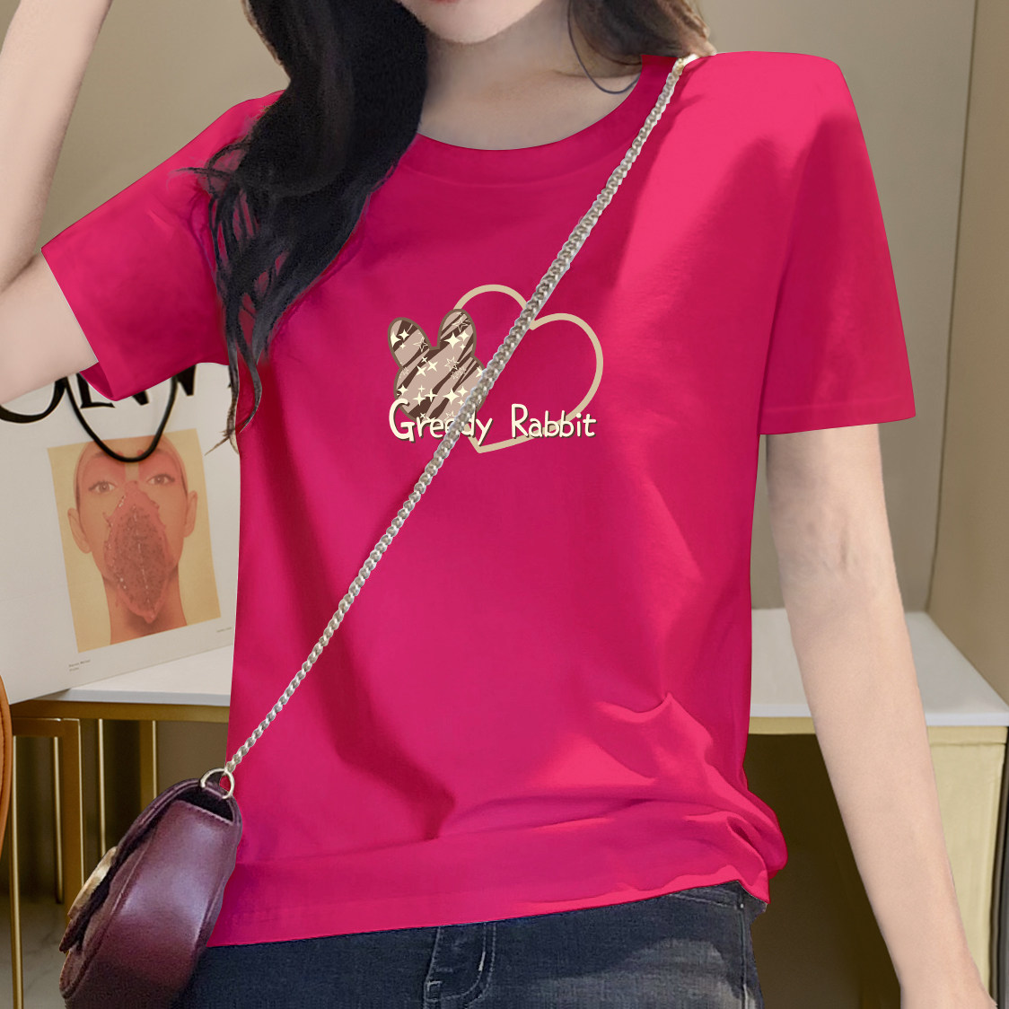 包邮玫红色短袖t恤女2026新款夏季小众设计感字母印花体恤上衣ins