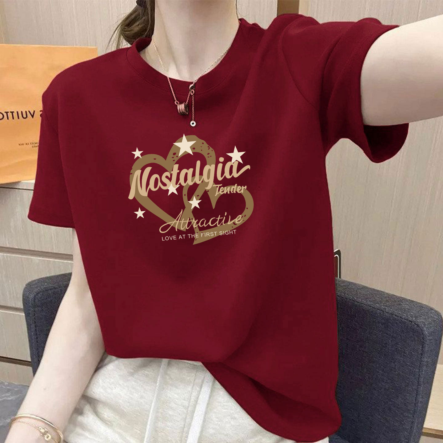 包邮26安可拉红色爱心印花短袖T恤女夏宽松圆领显白百搭上衣正肩