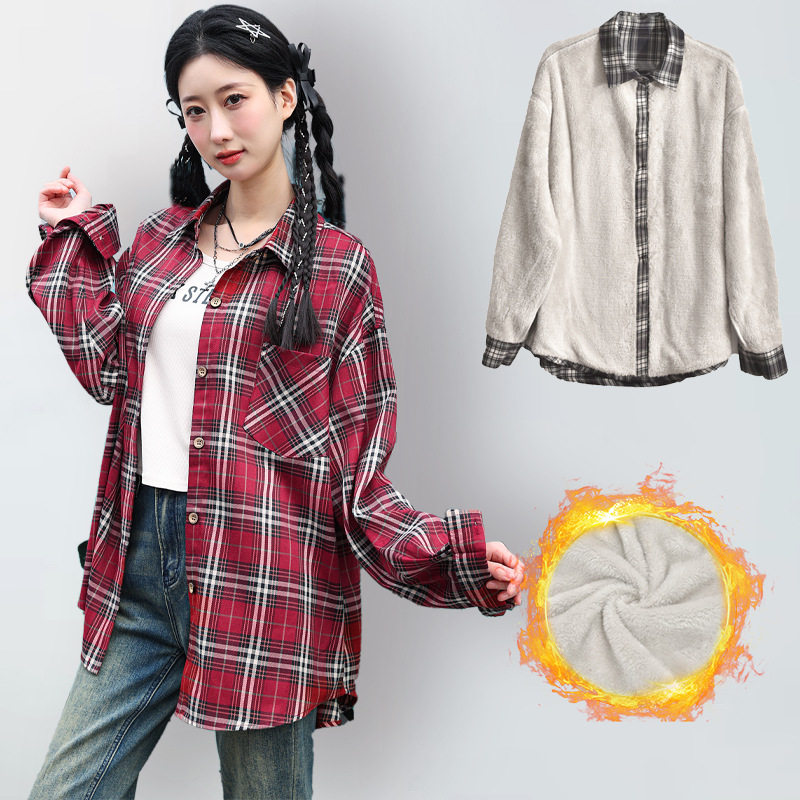 格子衬衫女2025秋冬新款长袖加绒加厚保暖面包服时尚休闲外套