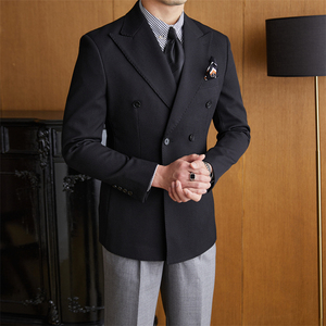 鹿三先生英伦韩版通勤绅士修身双排扣西服宴会商务西装外套潮流男