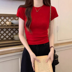 正红短袖t恤女打底衫2026春季新款外贸女装韩版修身辣妹内搭上衣