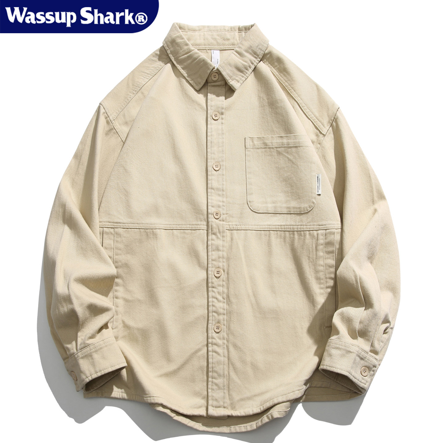 Wassup Shark潮牌复古纯棉水洗工装长袖衬衫男春秋季重磅衬衣夹克