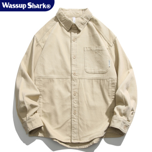 男春秋季 Wassup 衬衫 长袖 重磅衬衣夹克 Shark潮牌复古纯棉水洗工装
