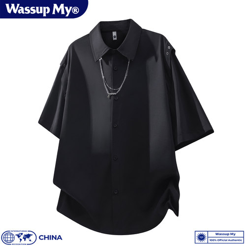 WASSUP MY夏季链条设计感短袖衬衫男痞帅宽松翻领透气百搭衬衣潮
