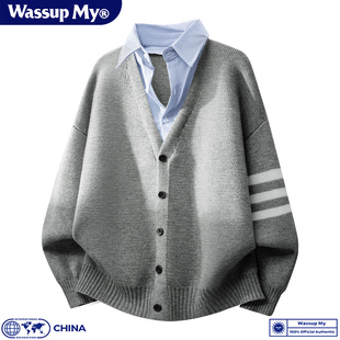 WASSUP MY学院风假两件V领针织开衫男秋季条纹拼接百搭毛衣外套潮