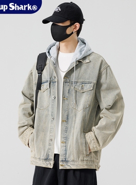 Wassup Shark美式连帽牛仔外套男春秋季复古工装夹克百搭翻领上衣