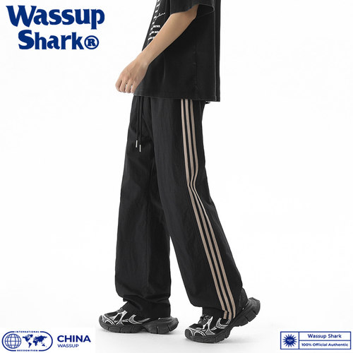 Wassup Shark美式条纹直筒速干裤男夏季冰感宽松透气三条杠休闲裤