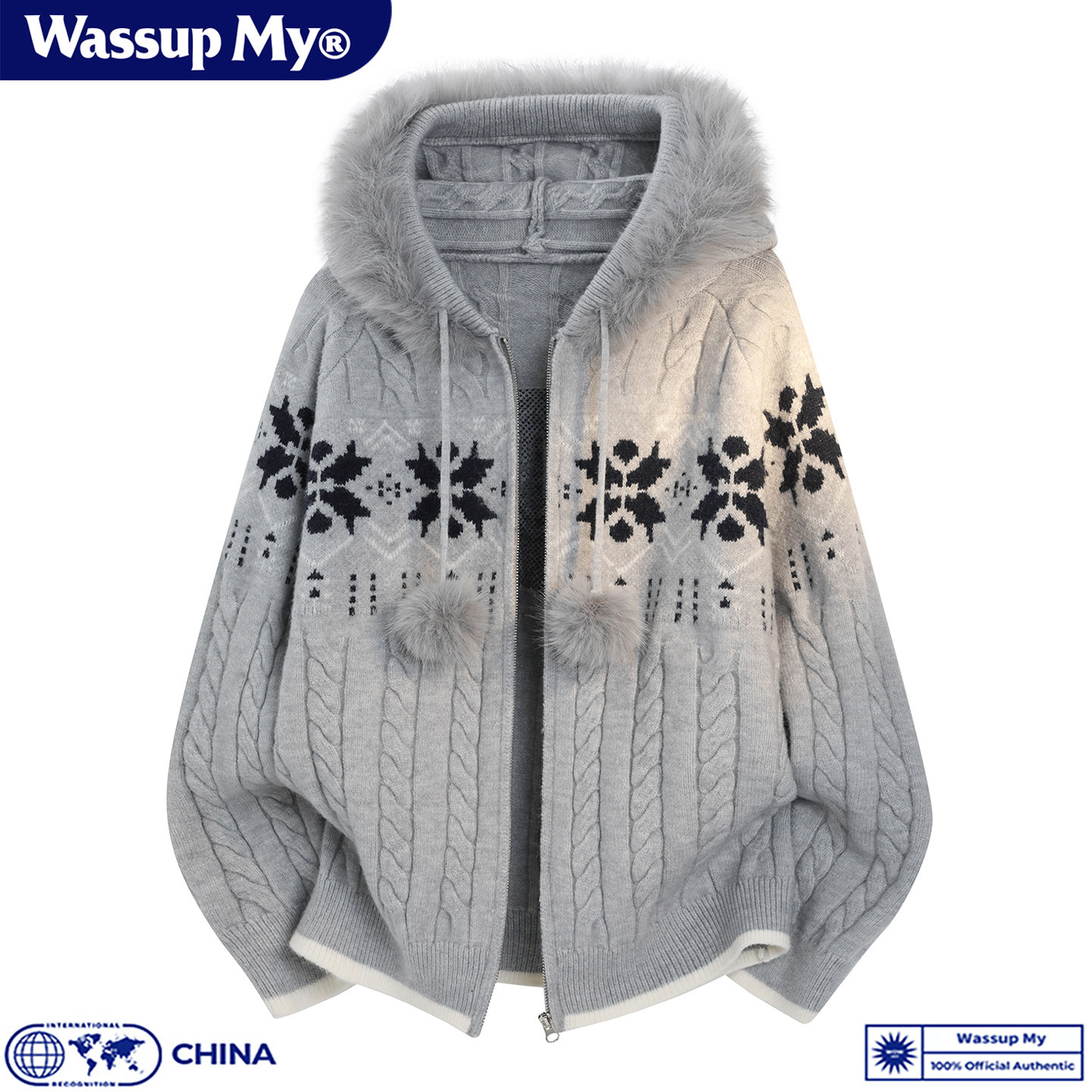 WASSUP MY费尔岛风连帽毛衣男女雪花提花毛领保暖针织开衫外套潮