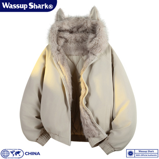 WASSUP SHARK猫耳朵座山雕毛领棉衣外套男女冬季加厚保暖情侣棉服