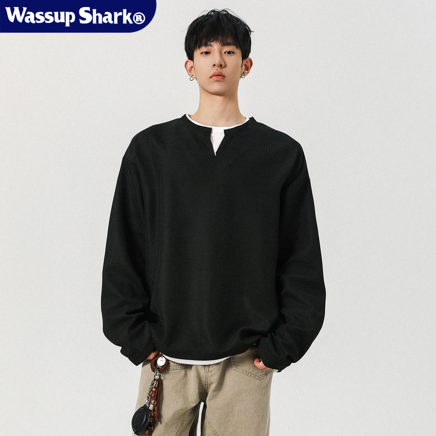 美式假两件V领长袖T恤男春秋新款