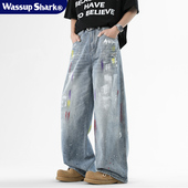 男女设计感油漆直筒休闲裤 复古小众涂鸦牛仔裤 潮 Shark美式 Wassup