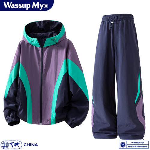 美式机能风拼色户外套装冲锋衣男