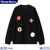 Wassup Shark美式 花卉刺绣圆领卫衣男宽松套头重磅设计感情侣上衣