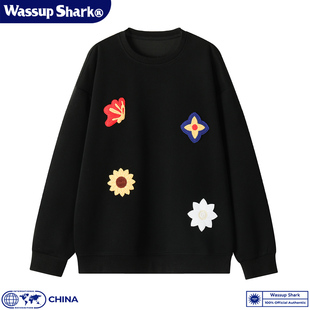 Wassup Shark美式花卉刺绣圆领卫衣男宽松套头重磅设计感情侣上衣