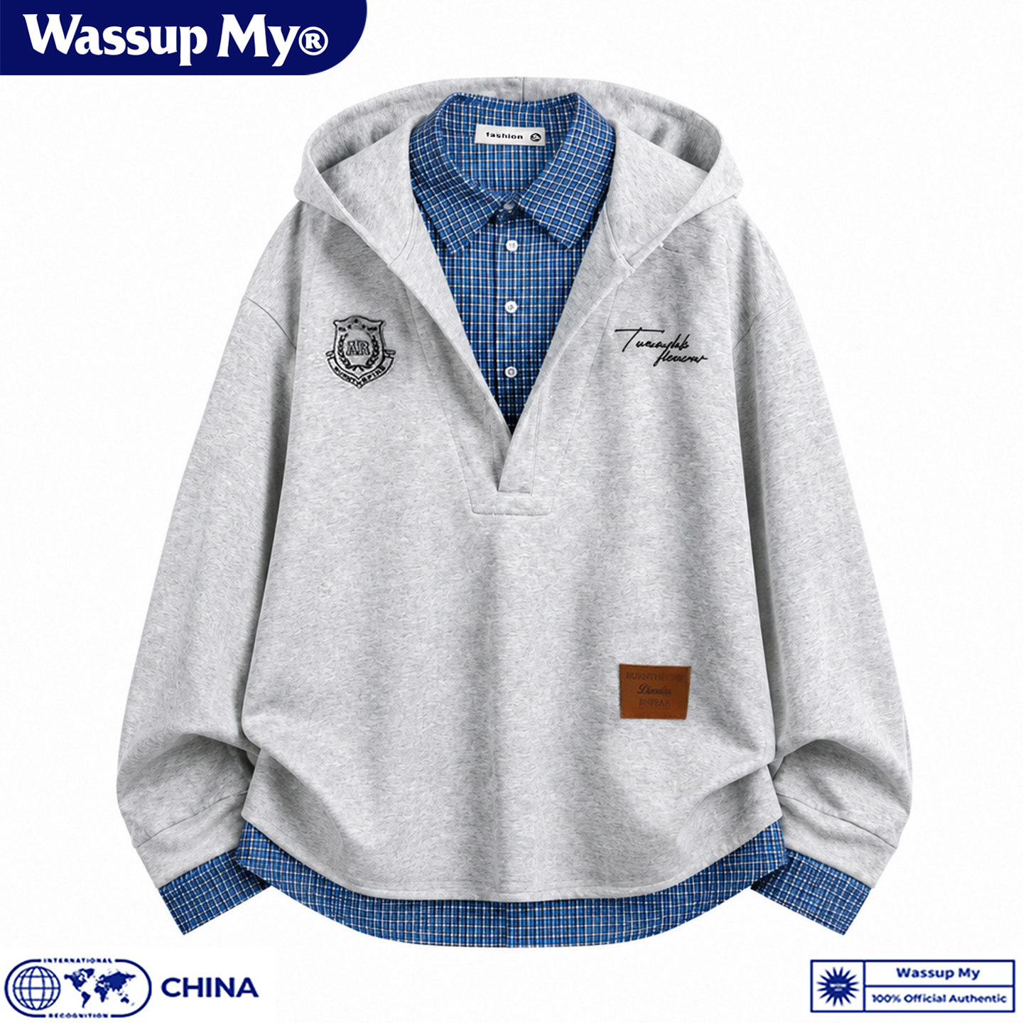 WASSUP MY假两件格子拼接连帽卫衣男女秋季休闲宽松衬衫领上衣潮