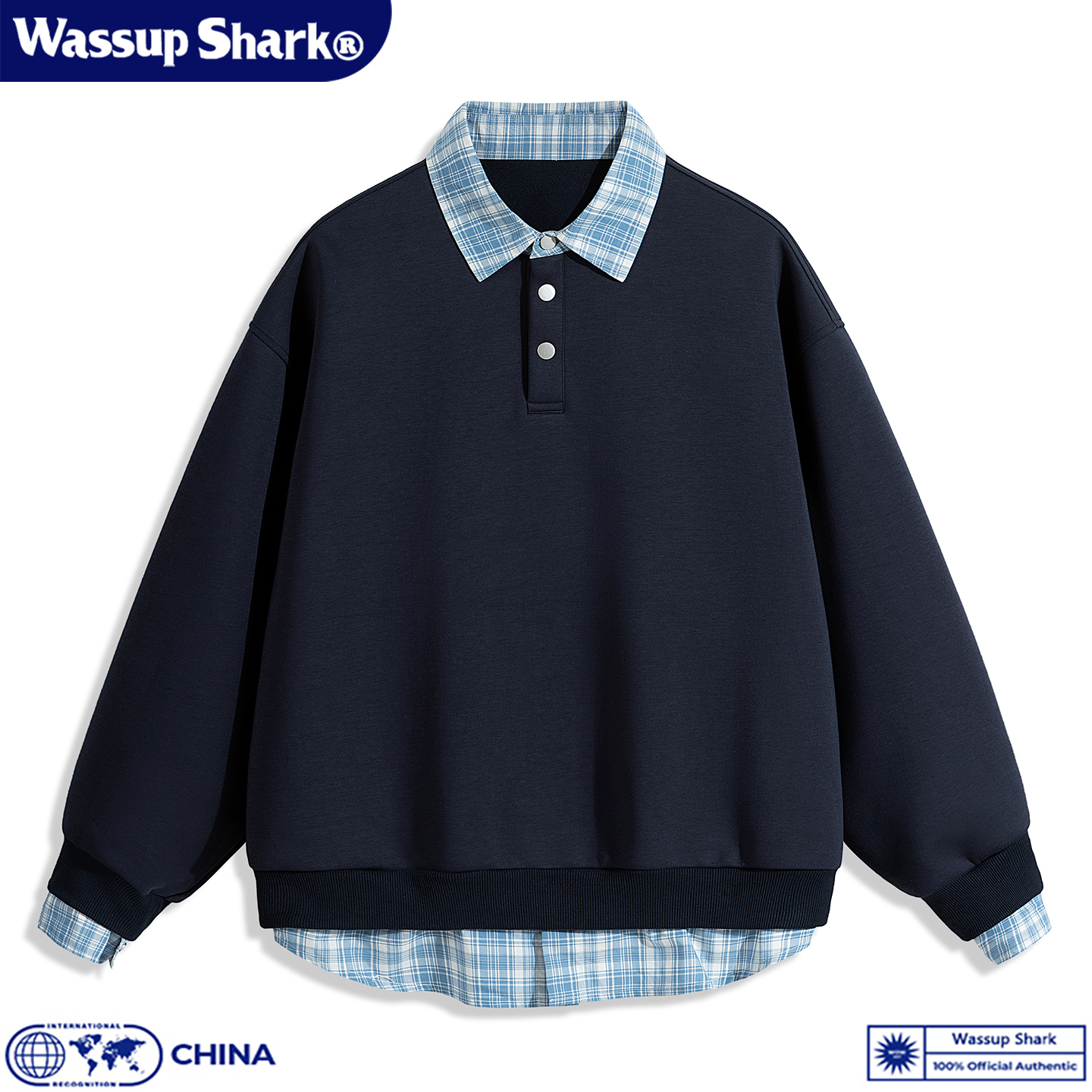 日系格子拼接假两件POLO领卫衣男