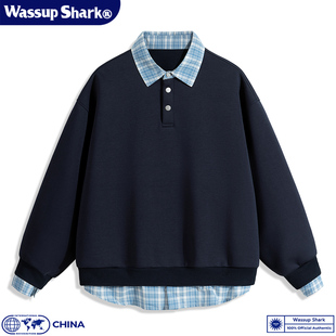 Wassup Shark日系格子拼接POLO领卫衣男春秋假两件宽松学院风上衣