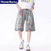Shark美式 高街花卉破洞牛仔短裤 男夏季 Wassup 潮流玫瑰满印五分裤