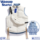 加厚保暖羽绒棉服无袖 Wassup Shark潮牌双面穿马甲男女情侣秋冬季
