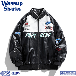 Wassup Shark美式复古机车皮衣男棒球服外套秋冬季飞行员机能夹克