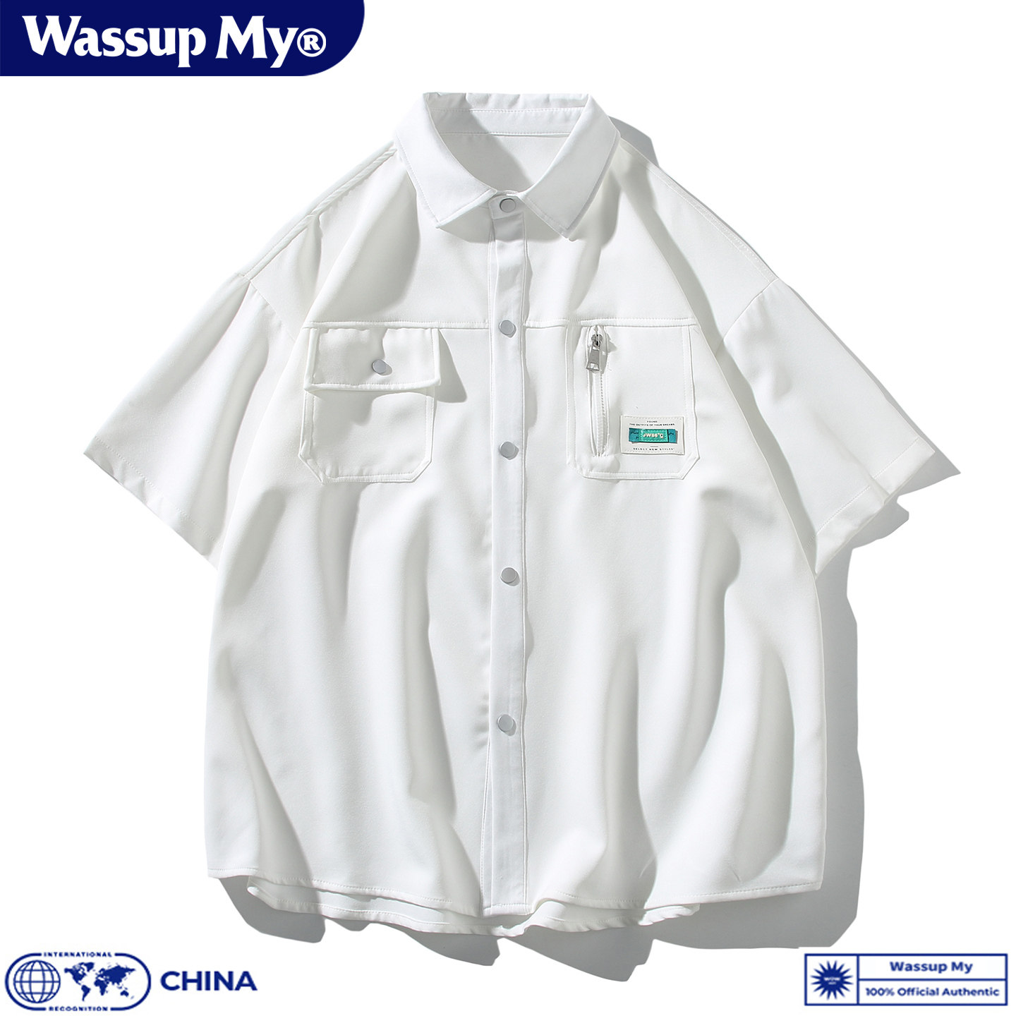 WASSUP MY夏季新款白色短袖衬衫男生纯色休闲宽松半袖衬衣外套潮