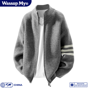 Wassup My立领拉链毛衣男款宽松慵懒风秋季条纹针织衫开衫外套潮