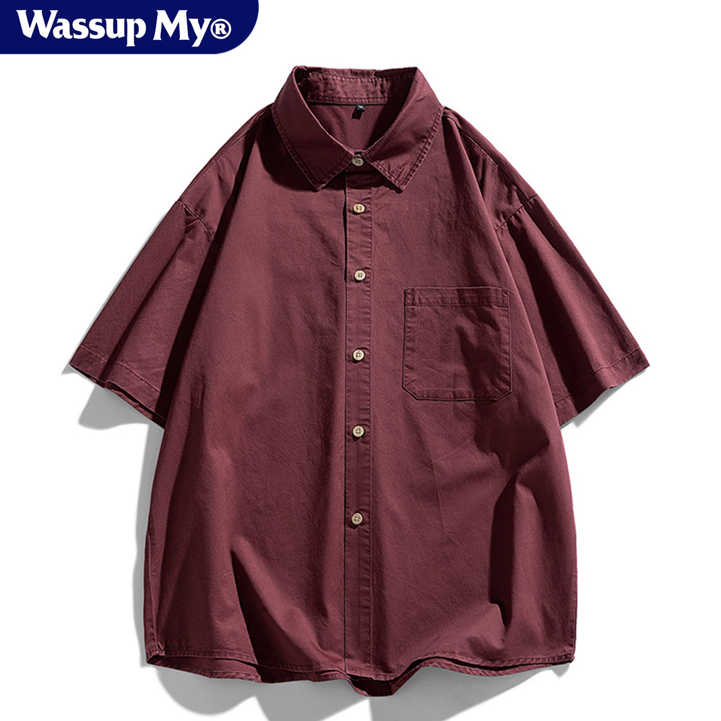 Wassup My复古酒红色纯棉短袖衬衫男夏季休闲宽松百搭衬衣外套潮