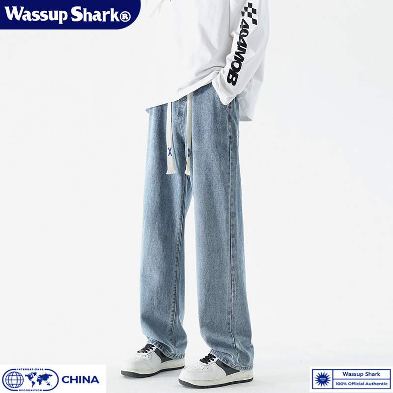 Wassup Shark潮牌直筒牛仔裤男美式秋冬加绒休闲宽松百搭阔腿长裤