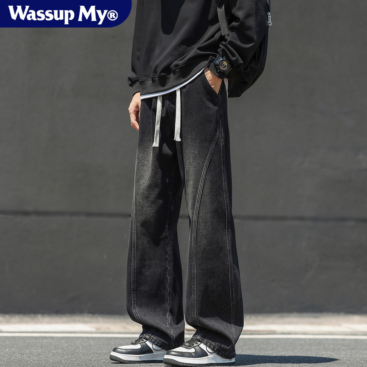 Wassup My美式复古水洗直筒牛仔裤男休闲宽松痞帅弯刀阔腿裤潮流