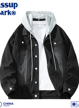 Wassup Shark美式连帽牛仔外套男春秋季复古工装夹克百搭翻领上衣