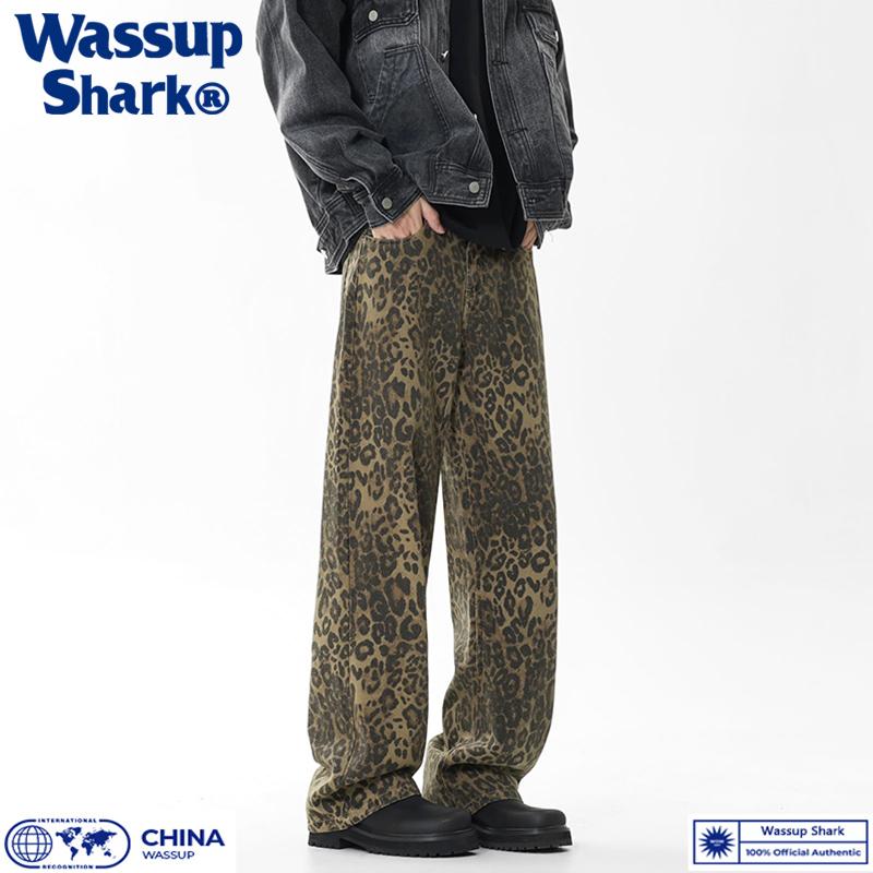 美式秋季水洗豹纹微喇阔腿牛仔裤