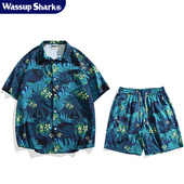 Shark夏威夷花衬衫 沙滩衬衣短裤 短袖 Wassup 男夏季 冰丝薄款 套装 潮