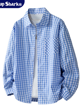 Wassup Shark日系复古纯棉格子长袖衬衫男春秋季休闲宽松衬衣外套