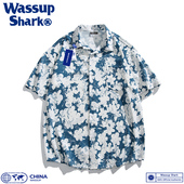 Shark夏威夷花衬衫 短袖 男夏季 Wassup 冰丝薄款 沙滩情侣休闲衬衣