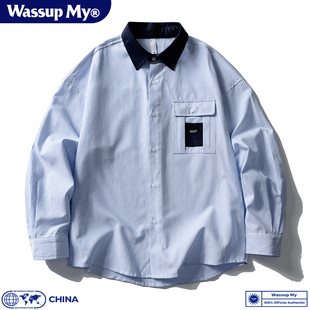 Wassup My美式潮牌撞色翻领条纹衬衫男女款秋季休闲宽松衬衣外套