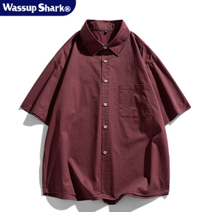 Wassup Shark复古酒红色纯棉短袖衬衫男夏季休闲宽松百搭衬衣外套