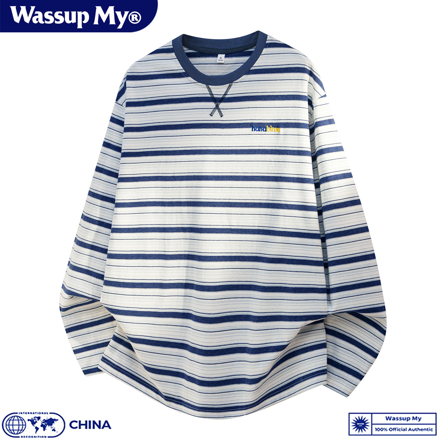 WASSUP MY日系撞色条纹圆领长袖纯棉T恤男春秋学院风宽松休闲上衣