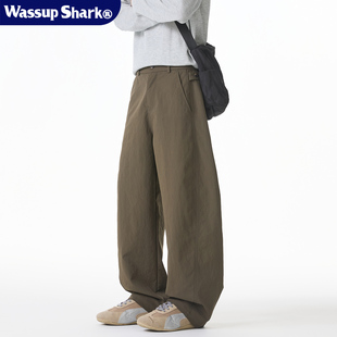 简约百搭阔腿宽松直筒长裤 Wassup 男秋季 纯色休闲弯刀裤 Shark美式