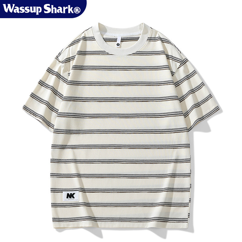 Wassup Shark日系条纹圆领短袖t恤男夏学院风休闲宽松情侣上衣潮,男装,T恤,淘宝优惠券,粉丝福利购,淘宝优惠卷