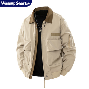 Wassup Shark潮牌撞色翻领外套男春秋季户外防水休闲宽松上衣夹克