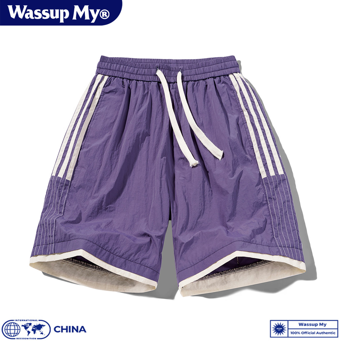 WASSUP MY夏季冰丝速干条纹短裤男女同款多巴胺休闲运动五分裤