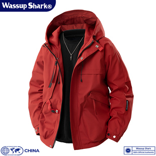 Wassup Shark潮牌三防软壳冲锋衣男春秋户外休闲宽松工装夹克外套