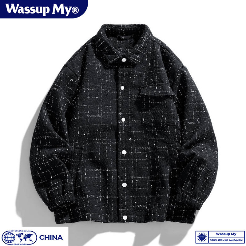 Wassup My小香风格子衬衫外套男秋冬加棉加厚粗花呢休闲夹克潮牌