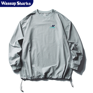 WASSUP SHARK潮牌户外吸湿速干长袖T恤男女圆领宽松打底运动上衣