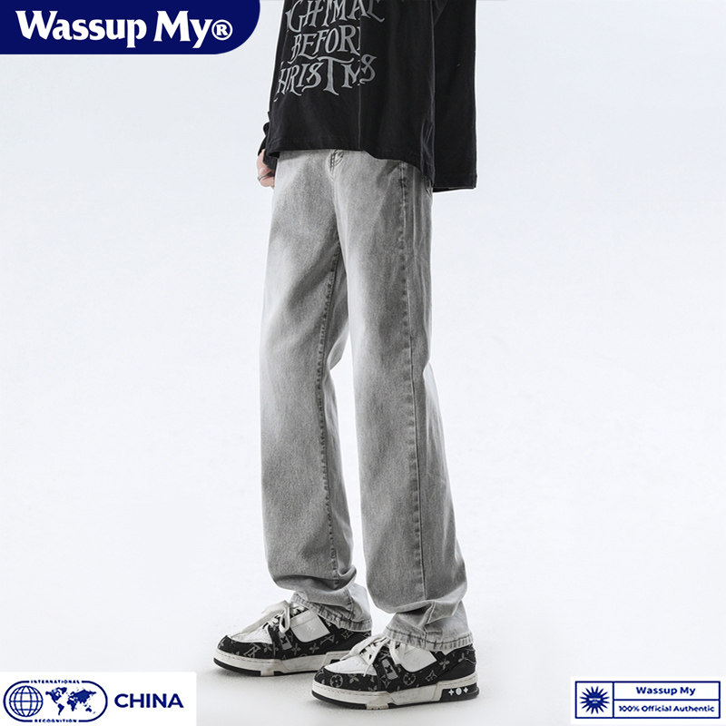 Wassup My美式水洗直筒牛仔裤男春秋季高街休闲宽松微喇裤子潮流