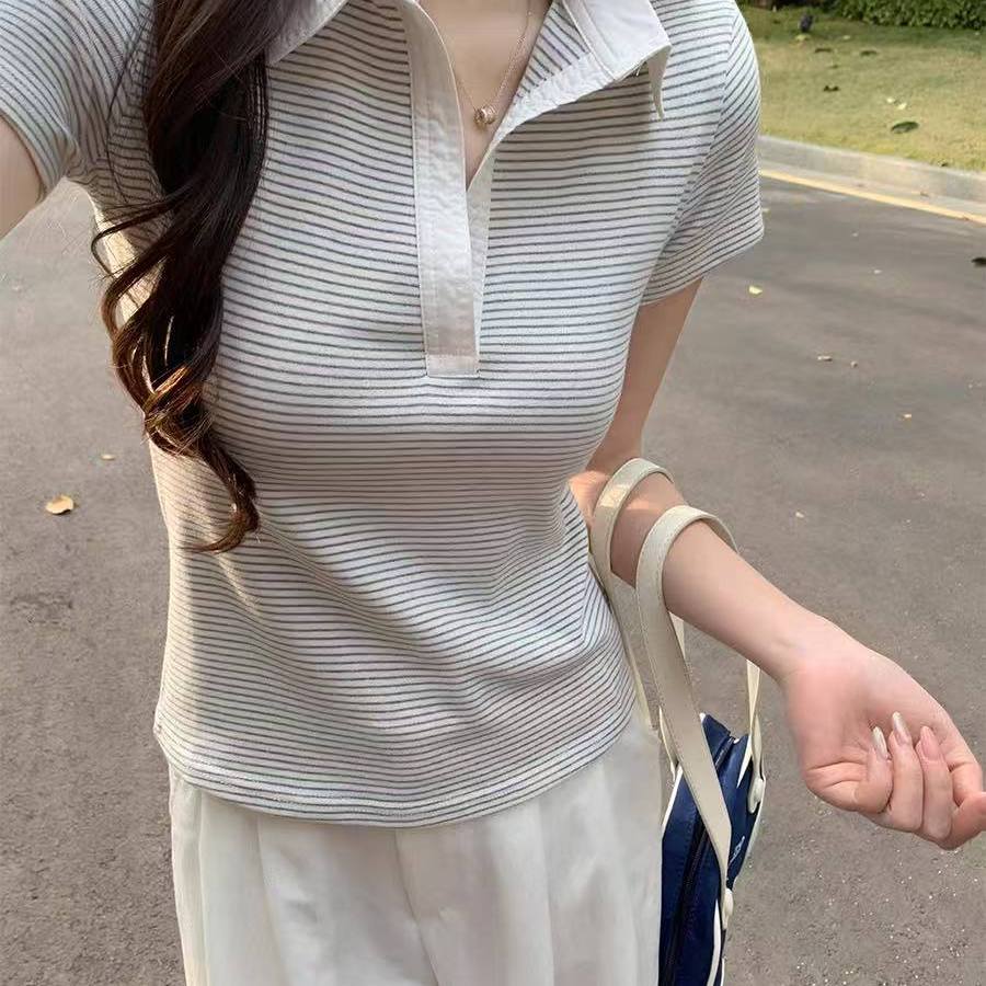 韩系POLO领短袖T恤女2025年夏季运动百搭休闲设计感小众条纹上衣