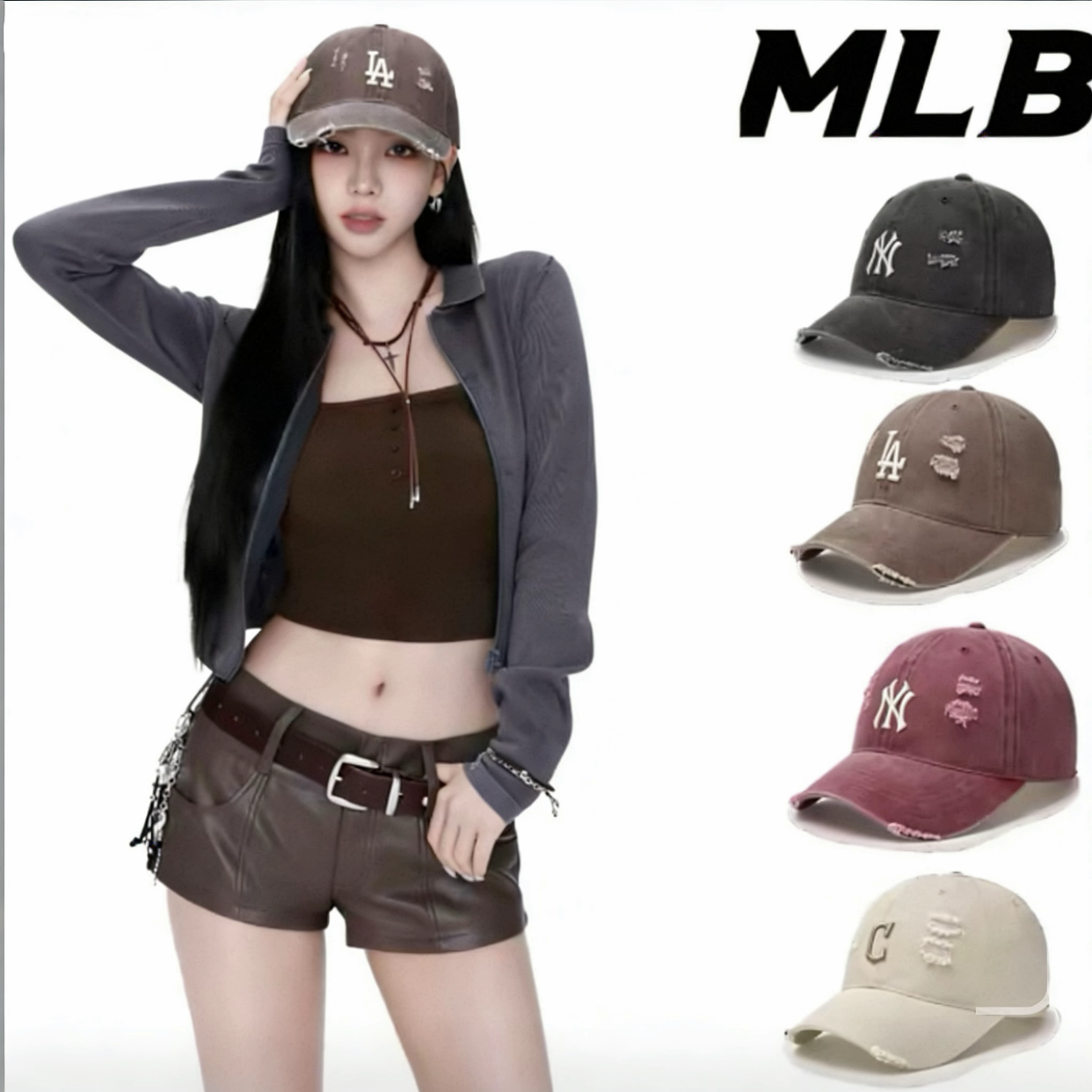 柳智敏同款正品MLB棒球帽子女LA字母韩版破洞做旧防晒遮阳鸭舌帽