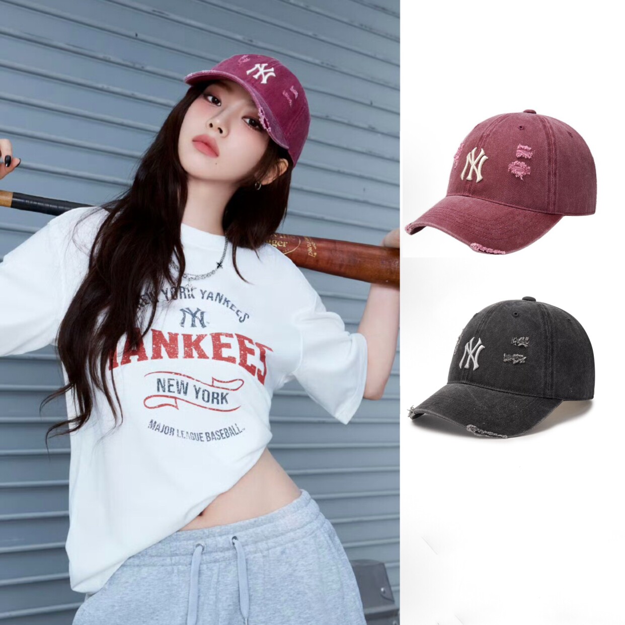 柳智敏张凌赫明星同款MLB棒球帽子防晒帽NY破洞做旧遮阳鸭舌帽女